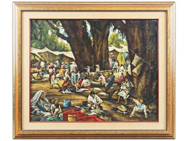 Village Market Scene Oil Painting Signed Ellsworth