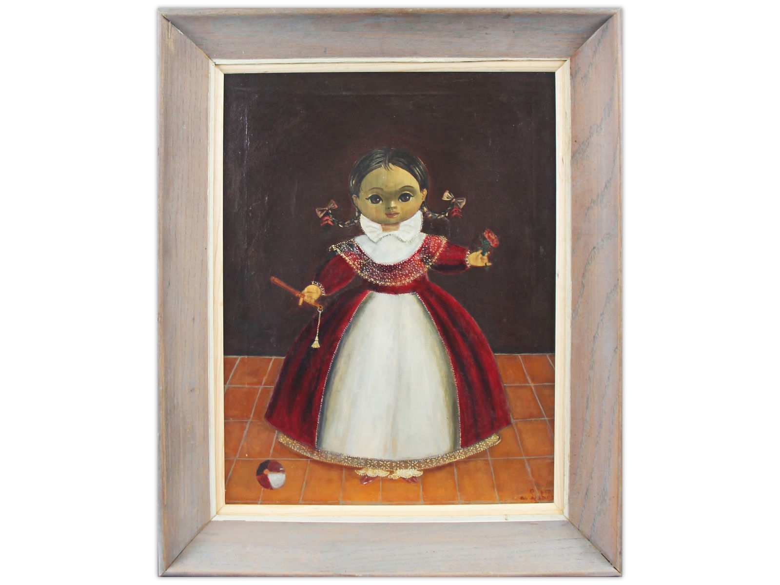 Agapito Labios, Oil on Canvas Girl in Red Dress: Original oil on canvas signed lower right "A. Labios," depicting a young girl in a red velvet dress holding a flower and wand, with a ball at her feet. Executed in Labios' distinctive folk art style.