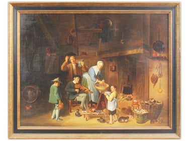Unsigned Dutch Tavern Interior Oil on Canvas