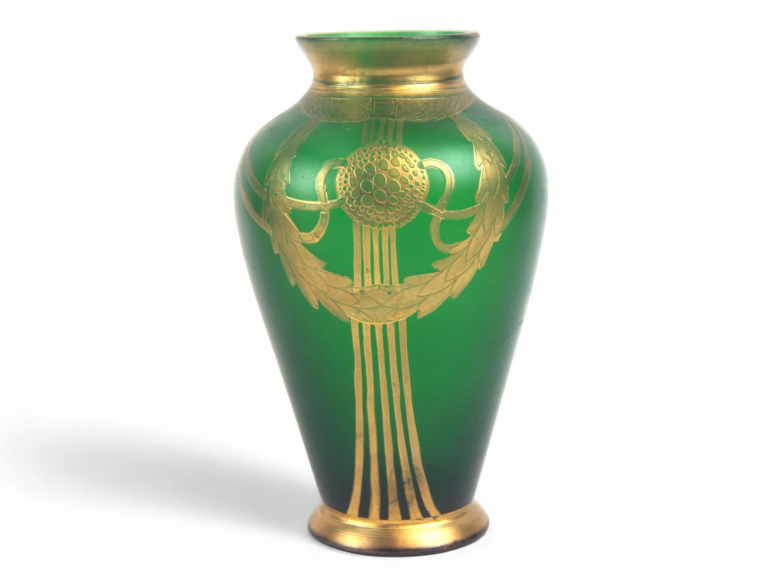 Loetz Creta Glatt Art Nouveau Vase: Loetz green "Creta Glatt" art glass vase with gilt Art Nouveau decoration, featuring stylized organic motifs in gold overlay against a matte green ground. Baluster form with gilt rim and foot. Unsigne