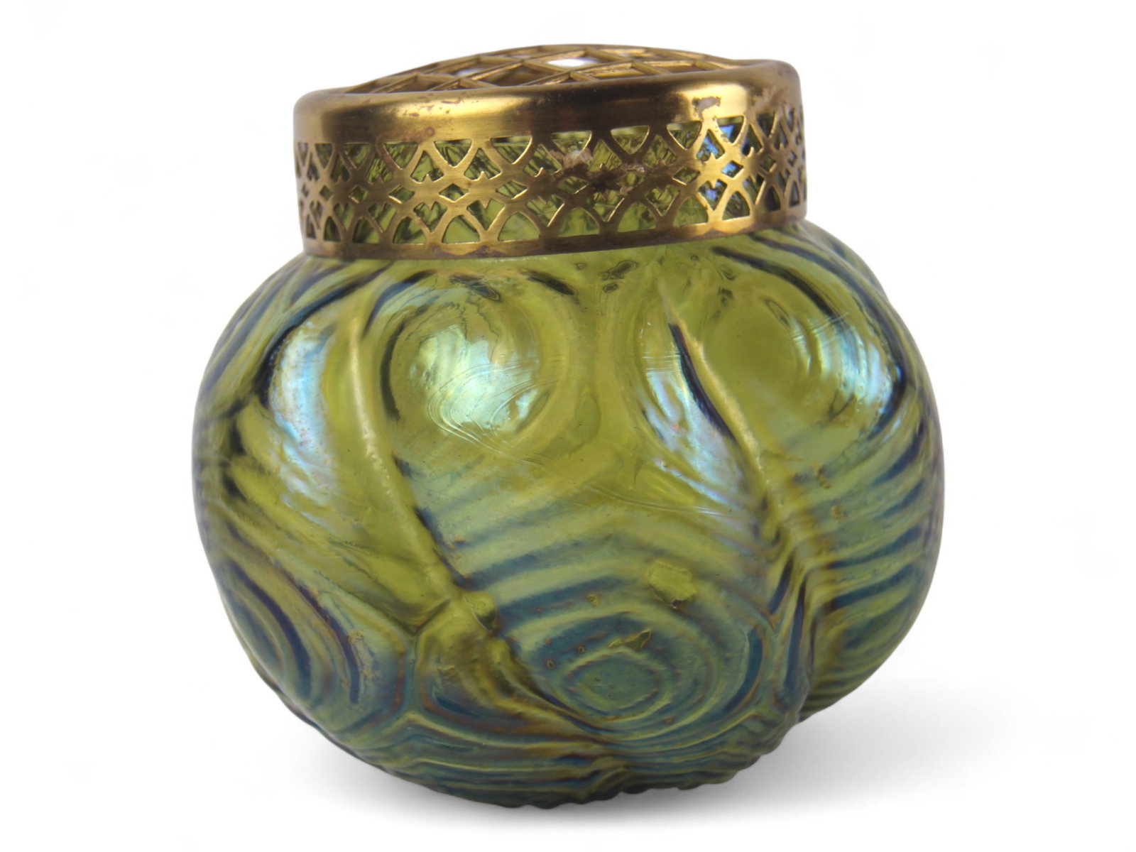 Kralik Style Art Glass Bowl w/Metal Flower Frog: Brilliant iridescent green art glass bowl with lobed body and pulled concentric wave decor. Retains its original gilt metal flower frog cover with pierced lattice work. A few small rim chips noted. Po