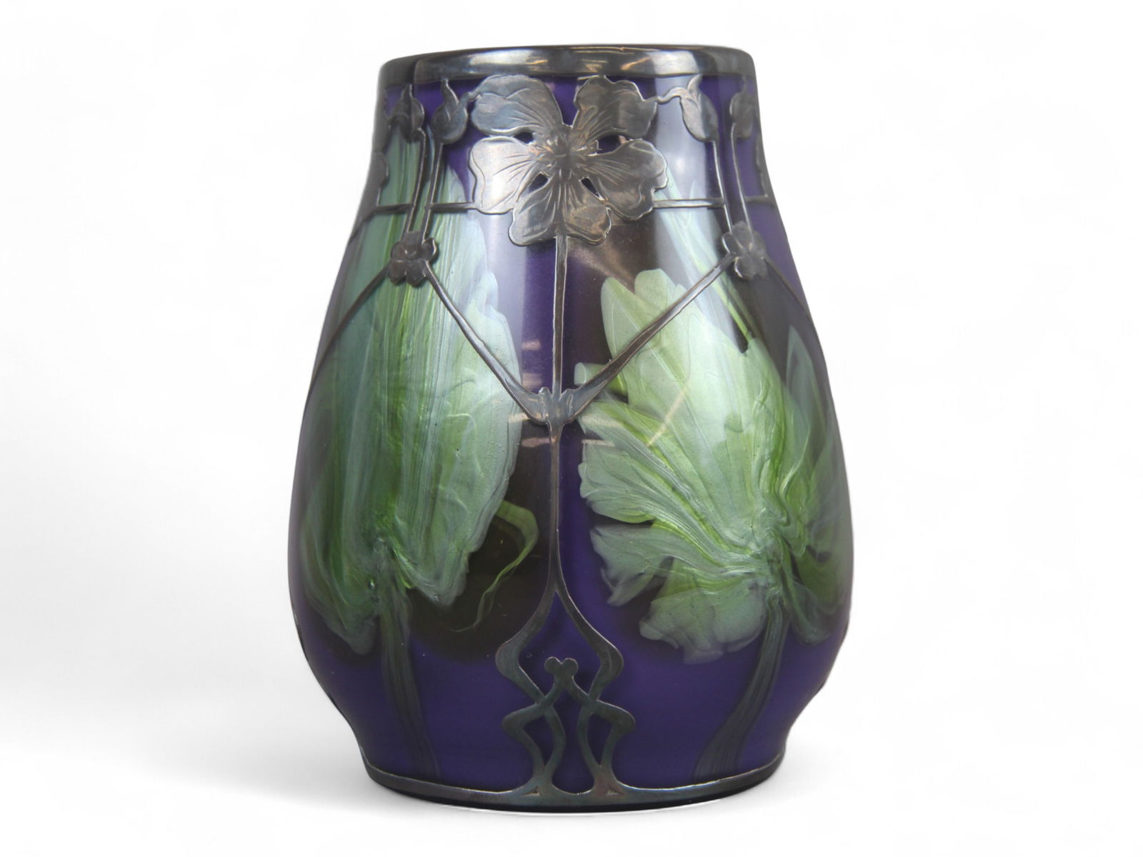 Loetz Style Art Glass Vase with Sterling Overlay (1 of 3)