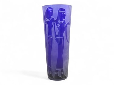 Cobalt Blue Art Glass Vase - Egyptian Style Motif