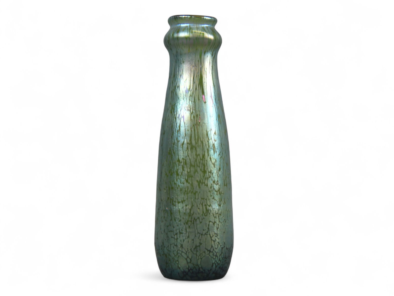 Loetz Style Crackle Iridescent Art Glass Vase: Beautiful hand-blown Loetz style art glass vase featuring a vibrant green body with crackle iridescent finish. Polished pontil to base. Unsigned. Measures approximately 7.5 inches high. Shipping: Weis