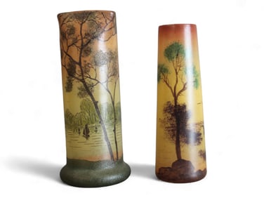 (2) Legras Style Hand Painted Scenic Glass Vases