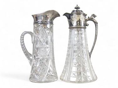 (2) Cut Glass Claret Jugs, Silver & Plated Mounts
