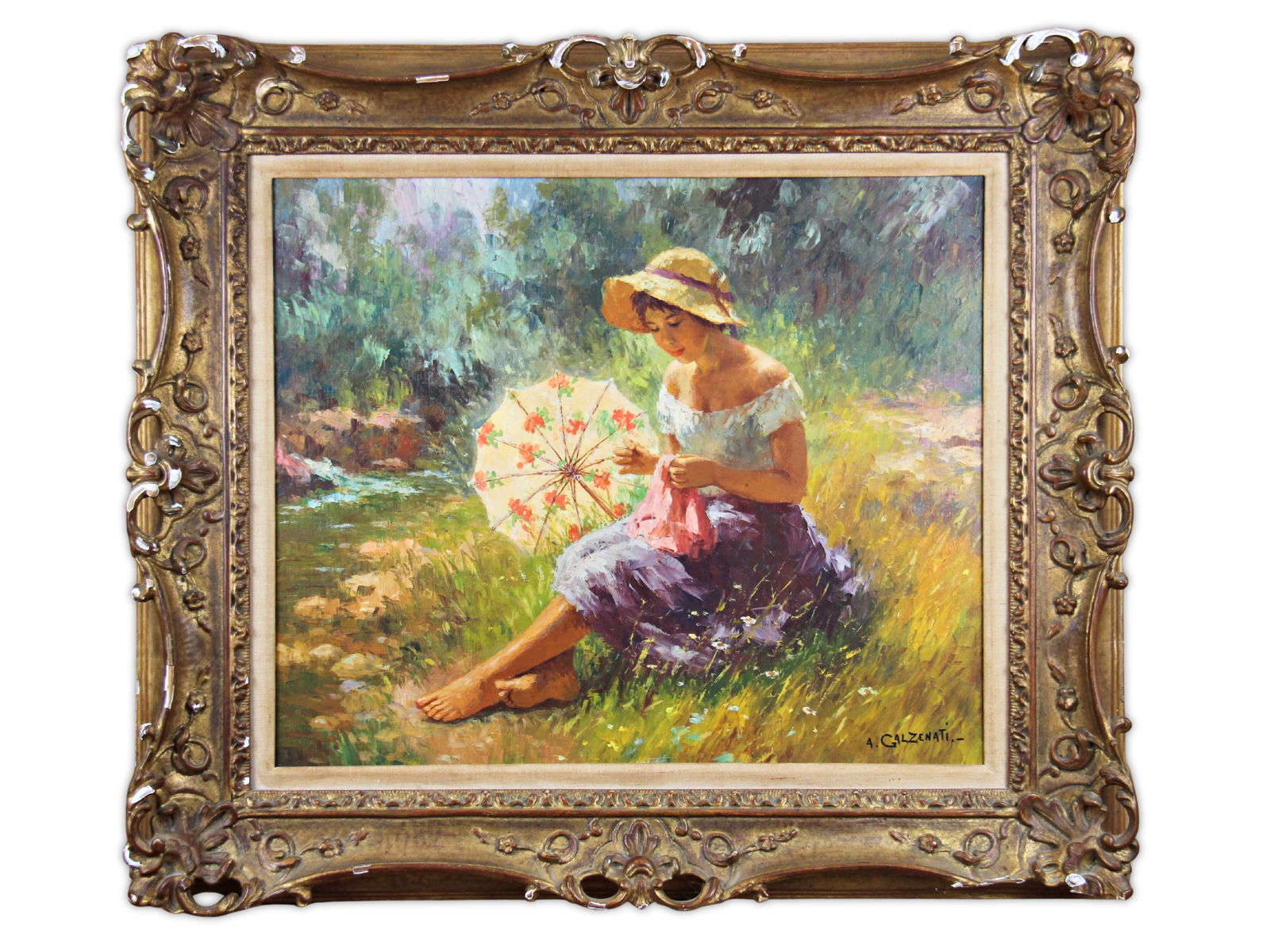 Andre Galzenati, Oil on Canvas "Girl w/Parasol" (1 of 3)