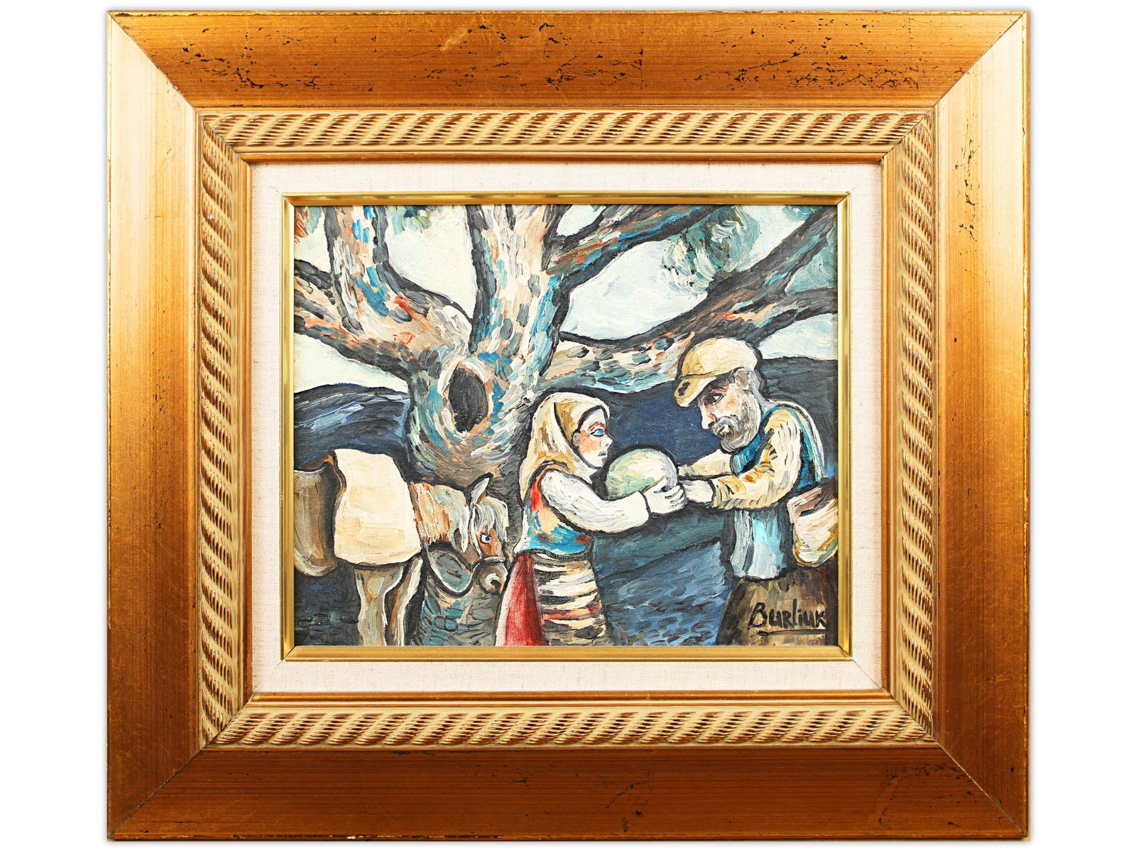 David Burliuk Oil on Canvas - Peasant Figures: Oil on canvas painting by David Davidovich Burliuk (1882-1967), signed lower right "Burliuk". The work depicts a man and woman in peasant attire beneath a tree, rendered in his distinctive bold, semi-