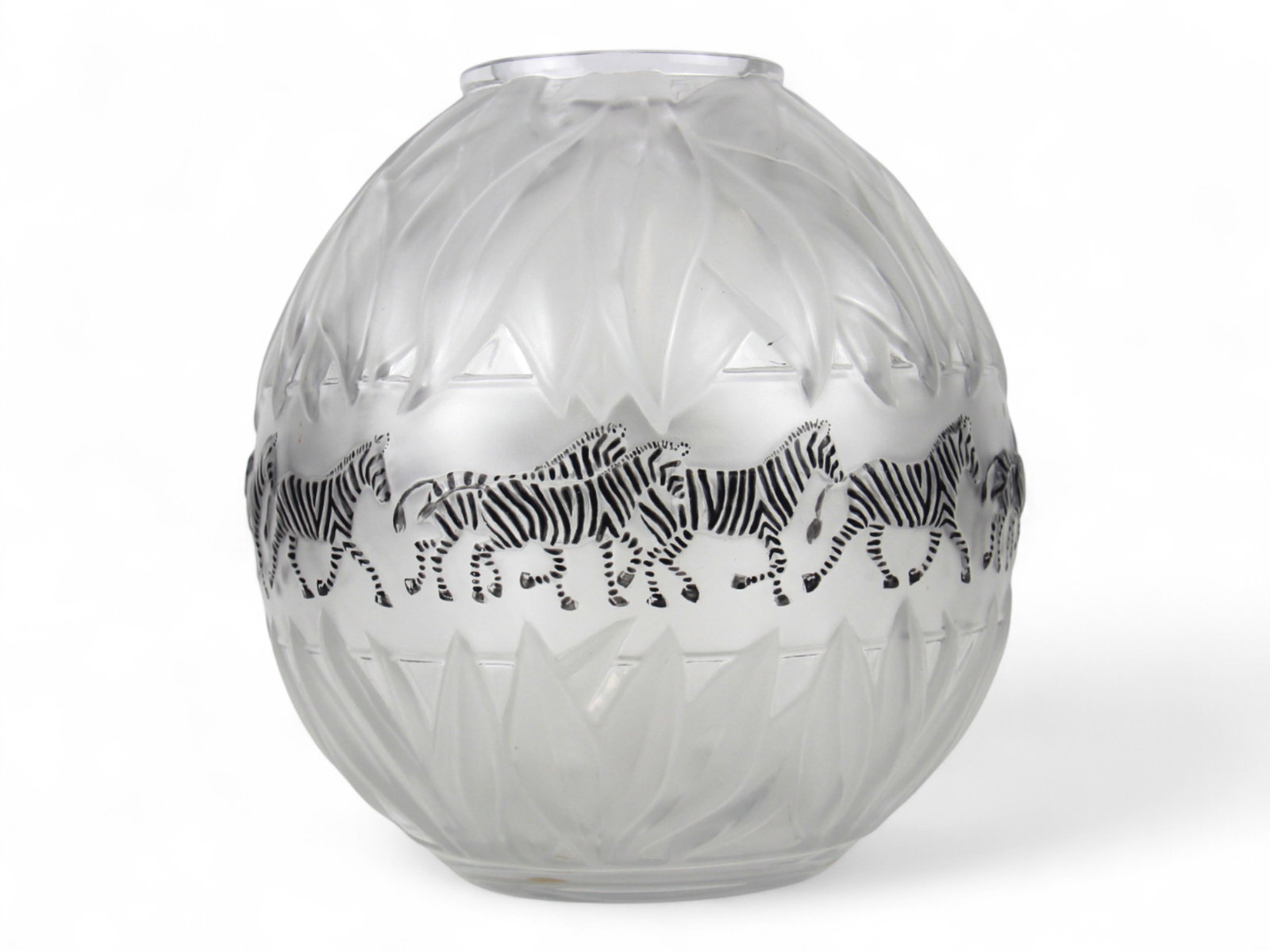 Lalique "Tanzania" Zebra Vase: Clear and frosted crystal "Tanzania Zebra" vase with bulbous body, along with frosted leafy decoration with center black enameled zebra reliefs. Incised "Lalique France" on the underside. Approx. 8.25