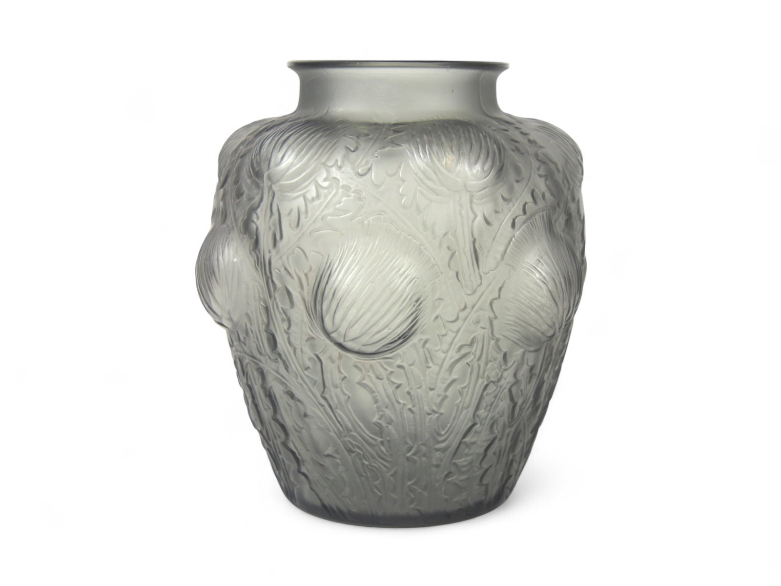 Lalique "Domremy" Vase with Thistle & Branches: Opalescent glass vase featuring thistle and branches. Incised "R. Lalique France" on the underside. Approx. 8-1/2" high. Underside of base has scratches and scuffs, and there is a tiny chip under the 