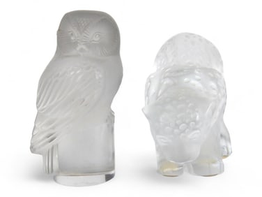 Lalique "Colombo" Jaguar Cub & Owl Paperweight