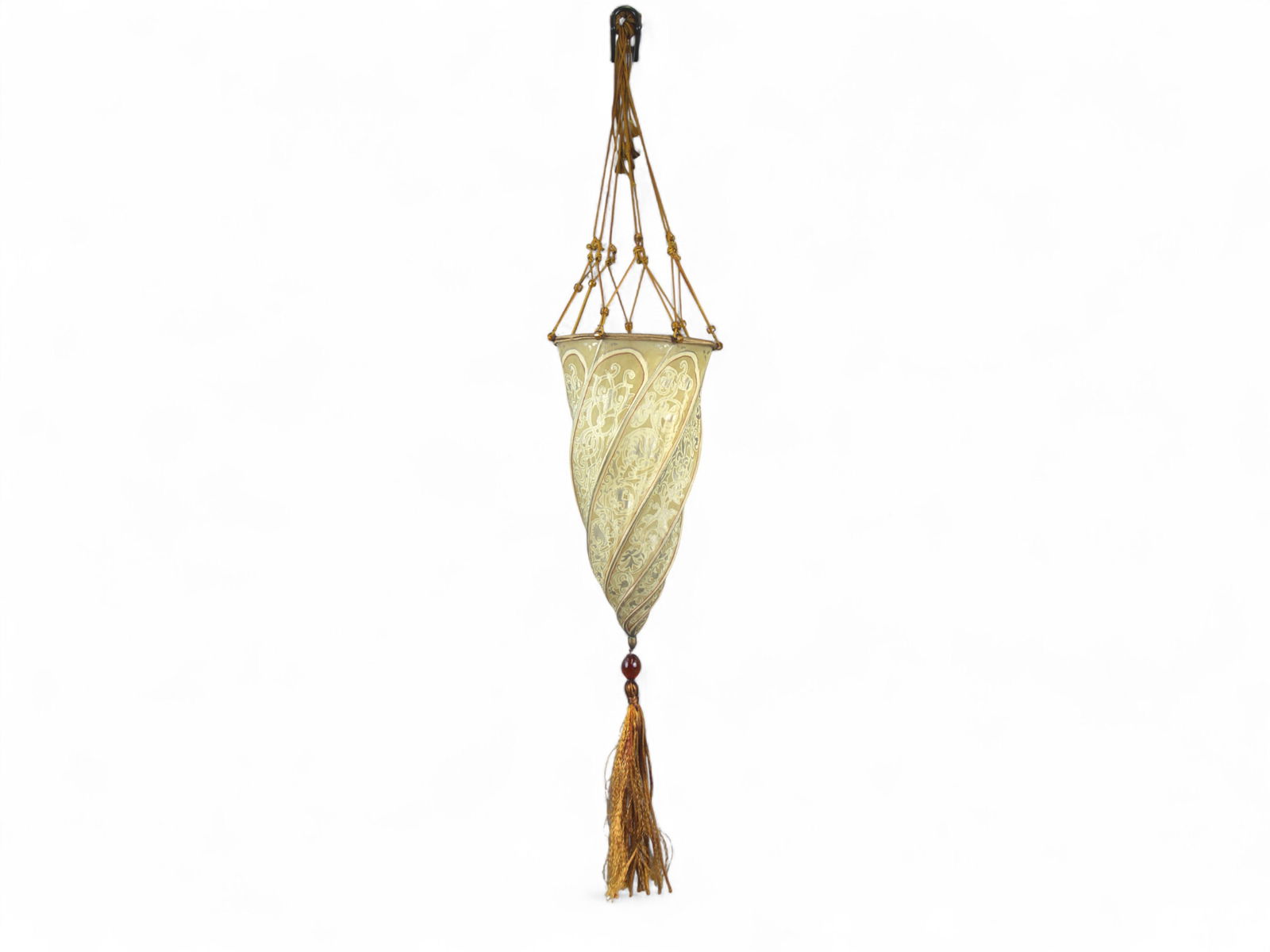 Venetia Studium Fortuny Silk Pendant Sconce: Hand printed silk with scrolling foliate design in gold and red on cream ground, executed in a twisted cone form with amber bead accents. Marked Venetia Studium, Made in Italy. Measures approx. 11-1/2