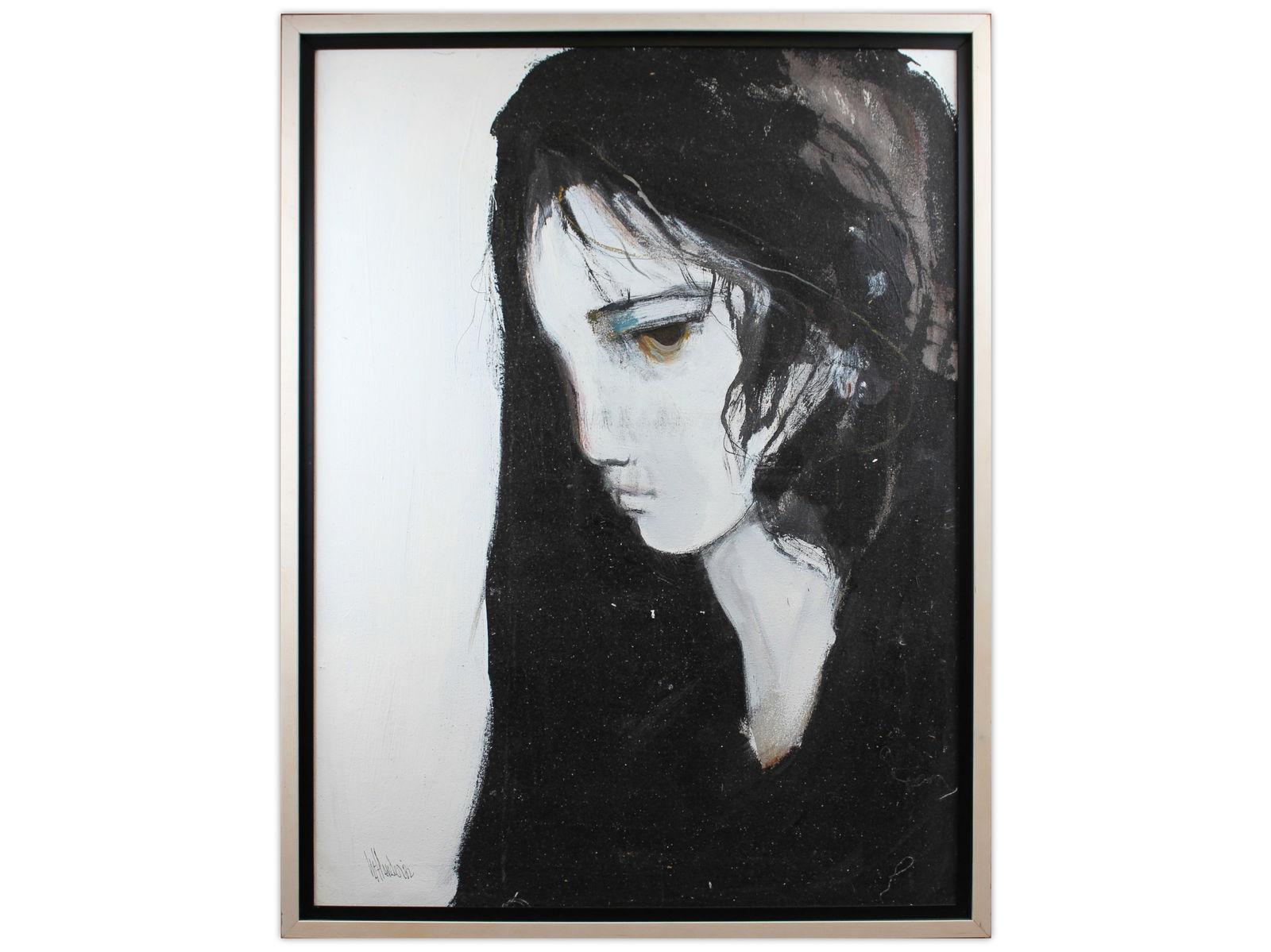 Gino Hollander Oil on Canvas Painting: Gino Hollander (American/Spanish 1924-2015), original oil on canvas painting. Untitled. Signed lower left and dated '82. Image size seen approx. 29-1/2" x 39-1/2", overall frame size approx. 32-1/2" x