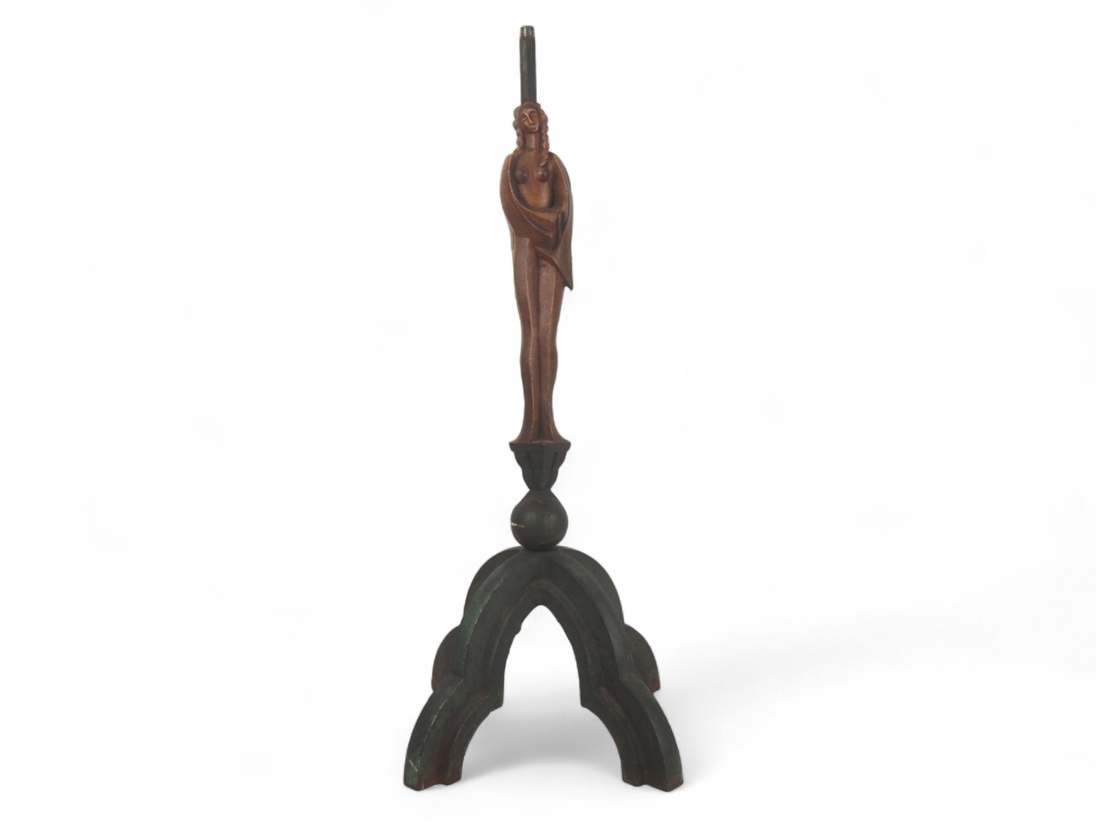 Bronze Female Figural Finial with Gothic Base: Cast bronze decorative element featuring a nude female figure with long braided hair and modest drapery, mounted above a Gothic-style arched base with ball finial. The piece retains a threaded iron ro