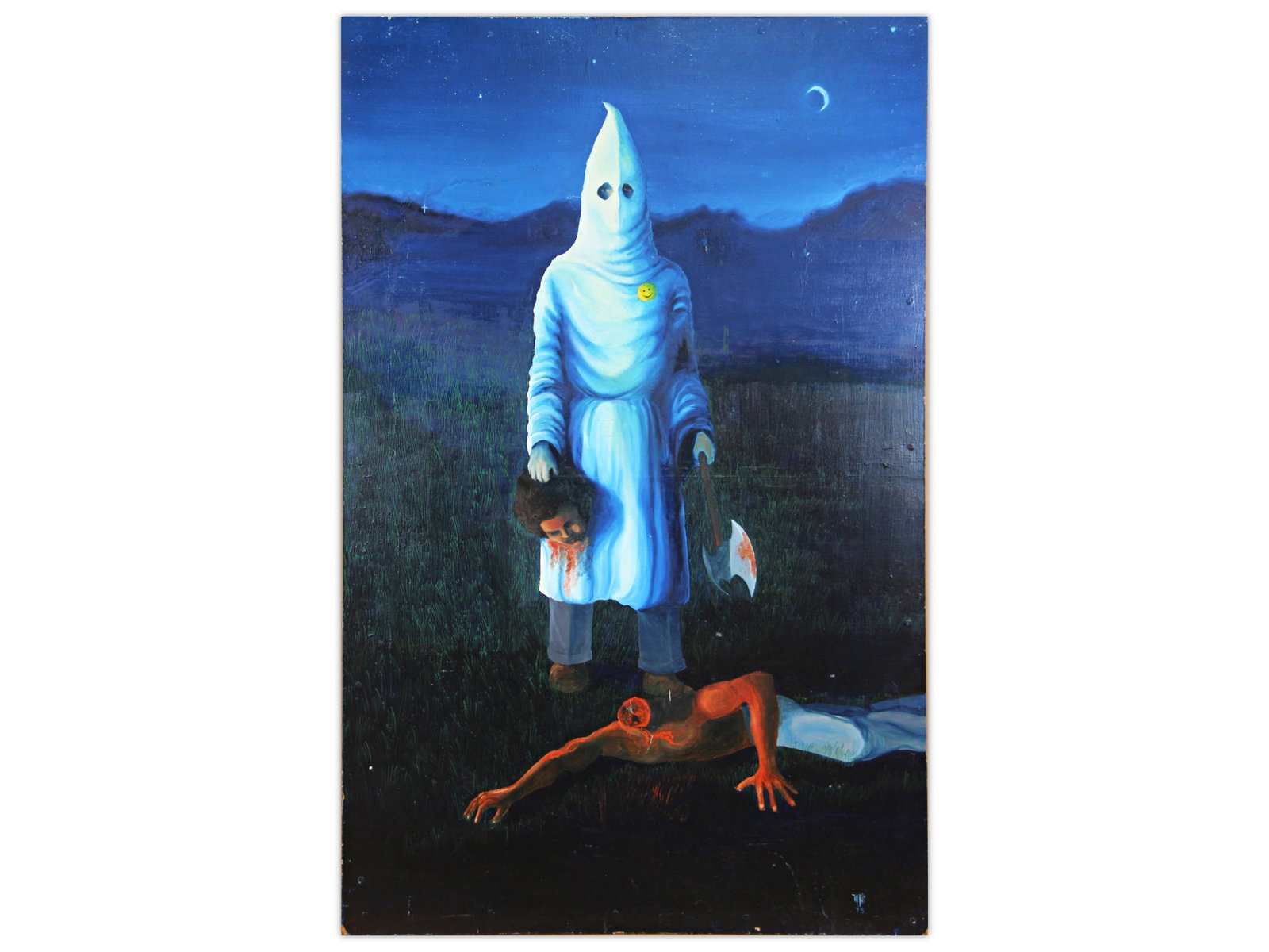 O/B Artist Signed Ku Klux Klan Satire Painting: Large oil on masonite painting depicting a hooded figure holding a severed head. The figure is wearing a KKK style robe with a yellow smiley face. Artist signed with initials lower right, appears to b