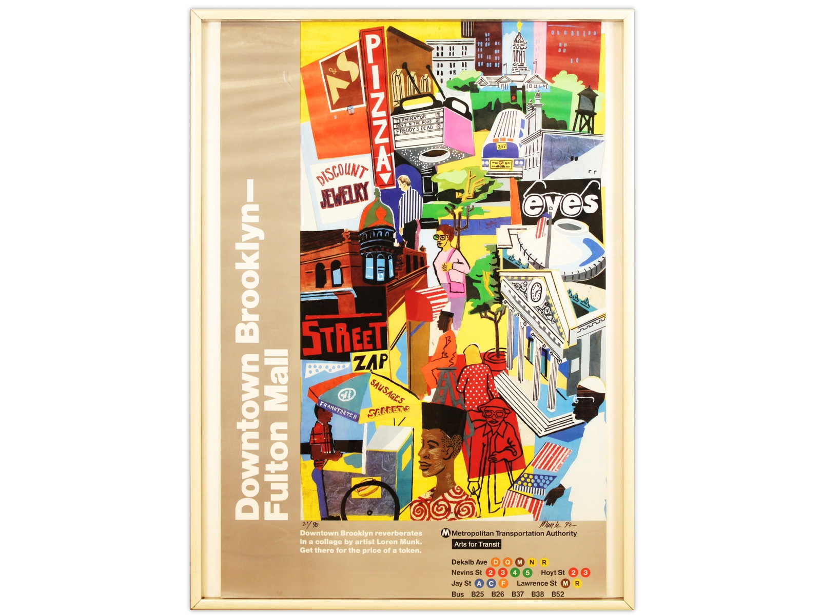 Downtown Brooklyn Fulton Mall MTA Poster, Munk: Circa 1993, color lithographic poster, "MTA Arts for Transit", by Loren Munk, depicting Downtown Brooklyn Fulton Mall. Hand signed lower right, and numbered lowered left 21/90. Image size seen approx.