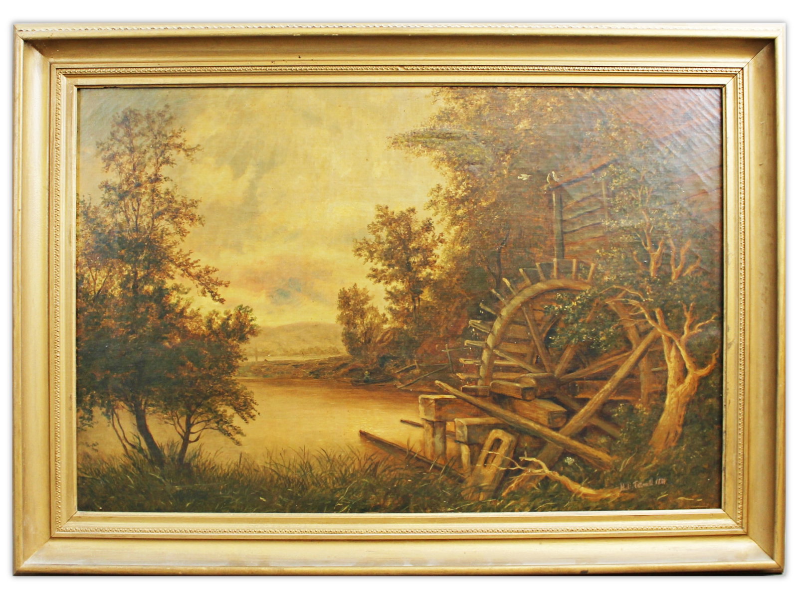 Henry Lea Tatnall, Oil on Canvas Landscape: Nice oil on canvas landscape painting by Henry Lea Tatnall (American, 1829-1885). Signed lower right and dated 1864. Image size seen approx. 29-1/2" x 19", overall frame size approx. 35" x 25". Top ce