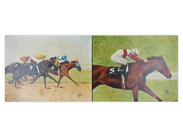 (2) O/C Jockey Horse Racing Paintings, Signed Wolf