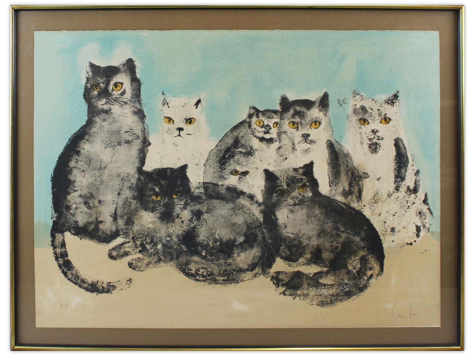 Leonor Fini, Signed Ltd Edition Lithograph of Cats: Leonor Fini (1907-1996), original limited edition lithograph depicting 7 cats. Signed lower right and marked lower left "E.A". Overall sight size approx. 30" x 21". No COA present. This lot is being o