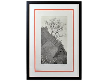 Tanaka Ryohei, "Huts & Persimmon Tree" Etching