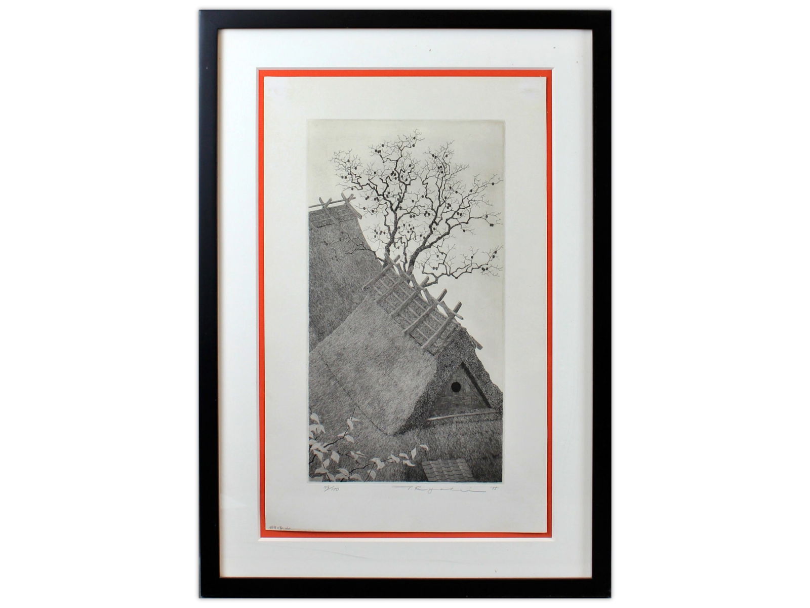 Tanaka Ryohei, "Huts & Persimmon Tree" Etching (1 of 4)