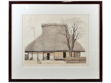 Tanaka Ryohei, "Farmhouse in Winter" Etching