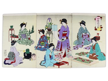 Japanese Woodblock Triptych - Ladies Etiquette