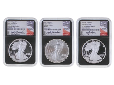 (3) Graded NGC 70 Signed Label Silver Eagles