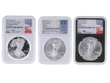 (3) Graded NGC 70 Signed Label Silver Eagles