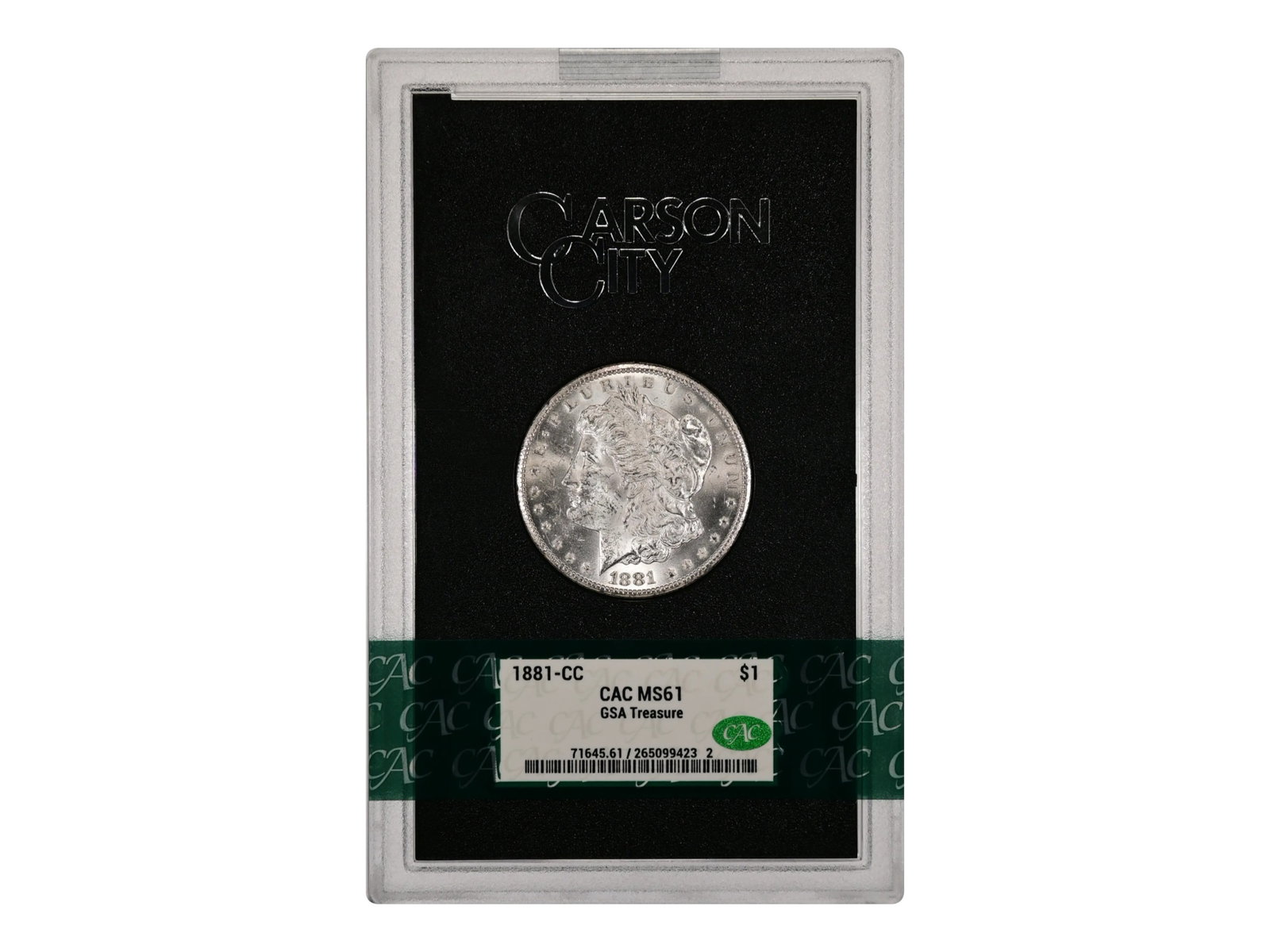 1881-CC $1 GSA Hoard Graded CAC MS61: GSA Hoard 1881-CC Morgan Dollar graded CAC MS61 in original box. CAC #265099423. Shipping: Weiss Auctions offers full-service, in-house shipping for nearly all items in this auction. For a shipping qu