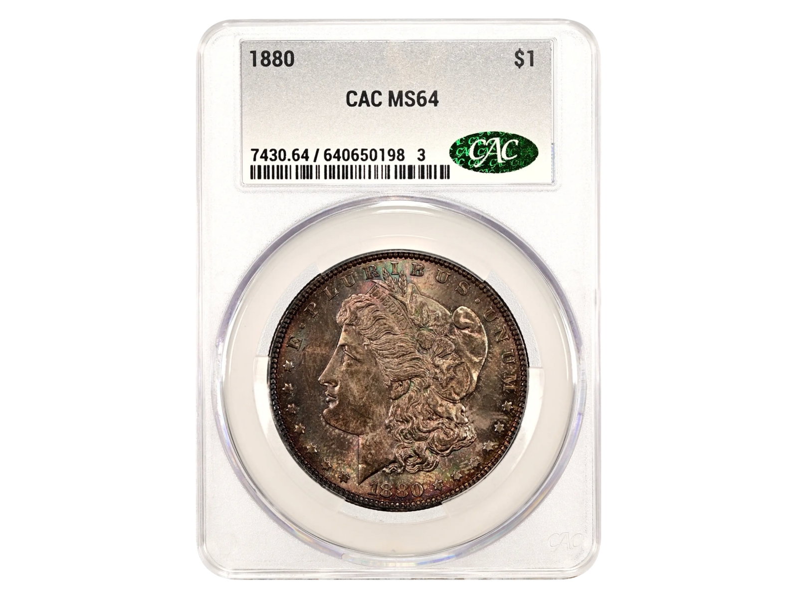 1880 $1 Toned Graded CAC MS64: 1880 Morgan Dollar graded CAC MS64 with toning. CAC #640650198. Shipping: Weiss Auctions offers full-service, in-house shipping for nearly all items in this auction. For a shipping quote, please conta
