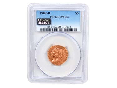 1909-D $5 Gold PCGS Graded MS63