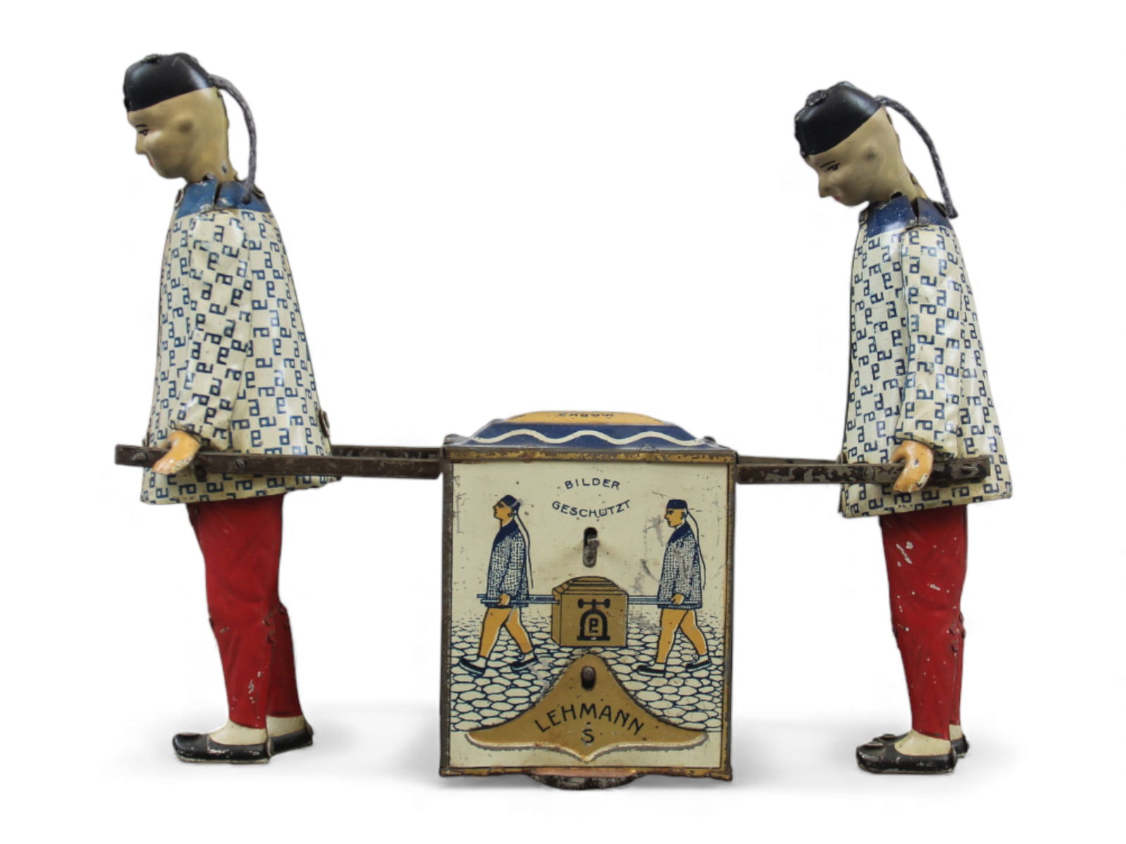 Lehmann Kadi Wind-Up Toy: German Lehmann "Kadi" tin lithographed wind-up toy, circa 1920s. Depicts two Chinese men carrying a tea cart. Measures approx. 5?" tall x 7" long. String wind-up type; string missing but mechanism