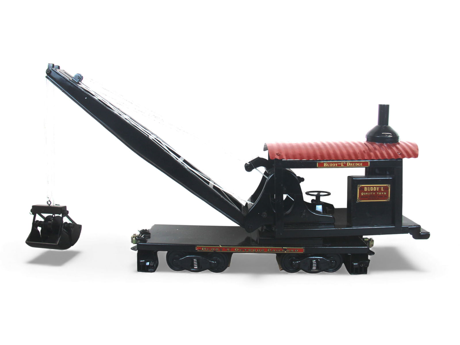 Buddy L Outdoor Railroad Clamshell Dredge Car: Contemporary, T-Reproductions. Overall approx. 33" long. Shipping: Weiss Auctions offers full-service, in-house shipping for nearly all items in this auction. For a shipping quote, please contact us