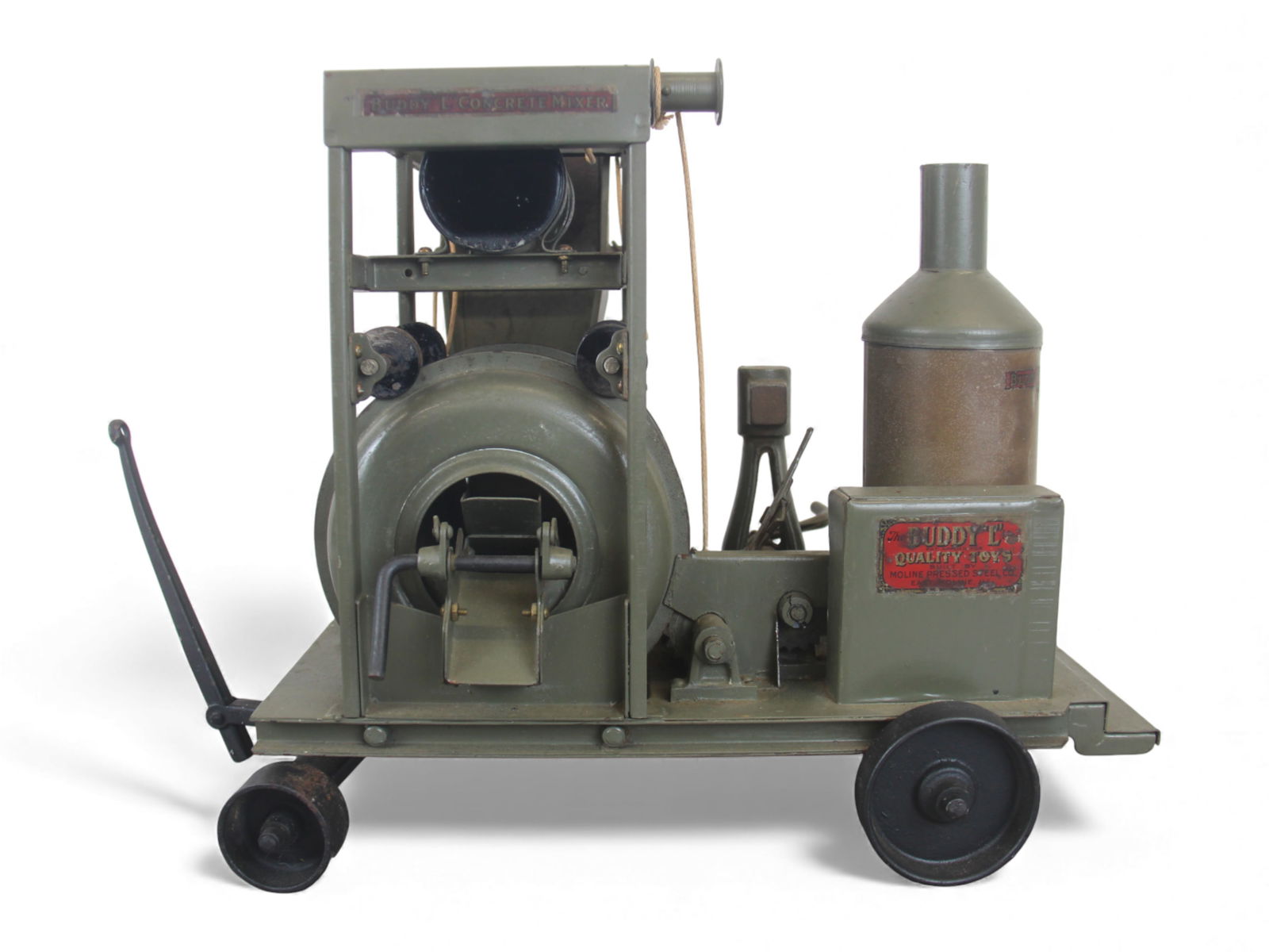 Buddy L Concrete Cement Mixer: Early pressed steel Buddy L concrete cement mixer toy. Paint and decals appear to be original. Paint wear and oxidation throughout consistent with age, some expected rust. Overall approx. 23.5 x 13.5