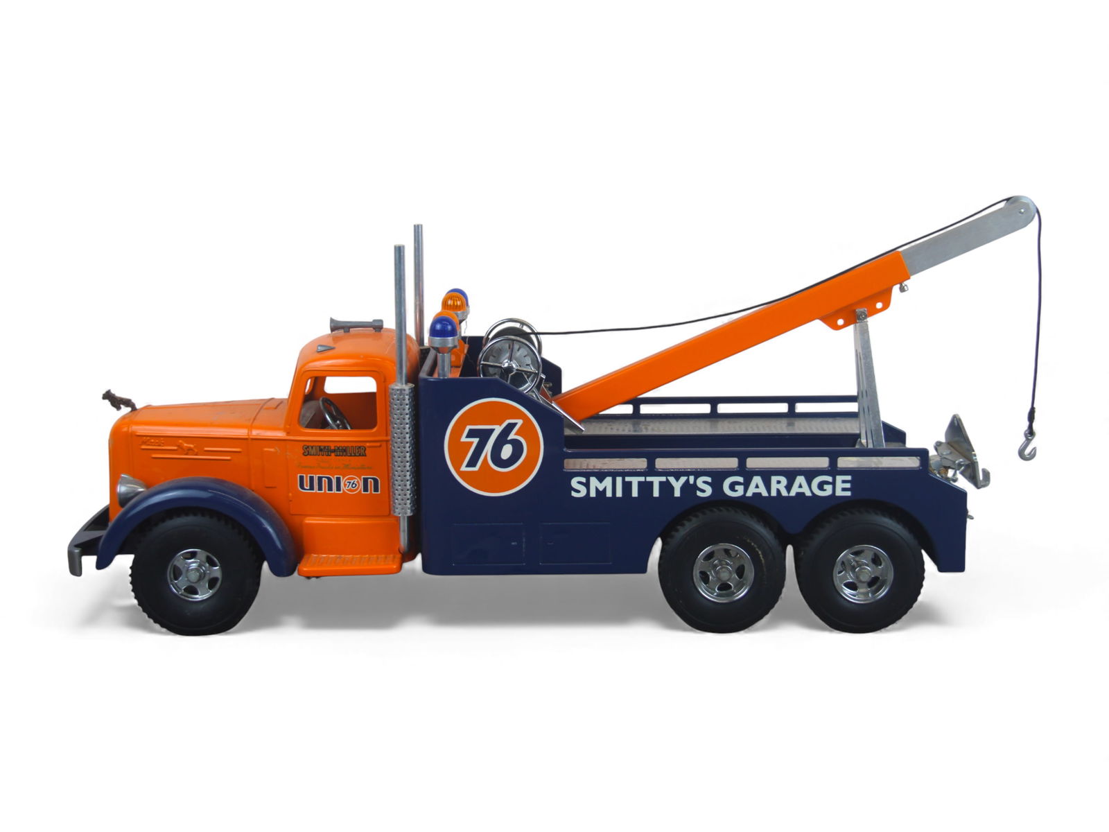 Smith Miller Union 76 Wrecker Tow Truck: Fred Thompson Smith Miller pressed steel "Union 76 Wrecker Tow Truck", featuring classic orange and blue Union 76 paint, "Smitty's Garage" side graphics, chrome stacks, detailed cab, dual rear axles,