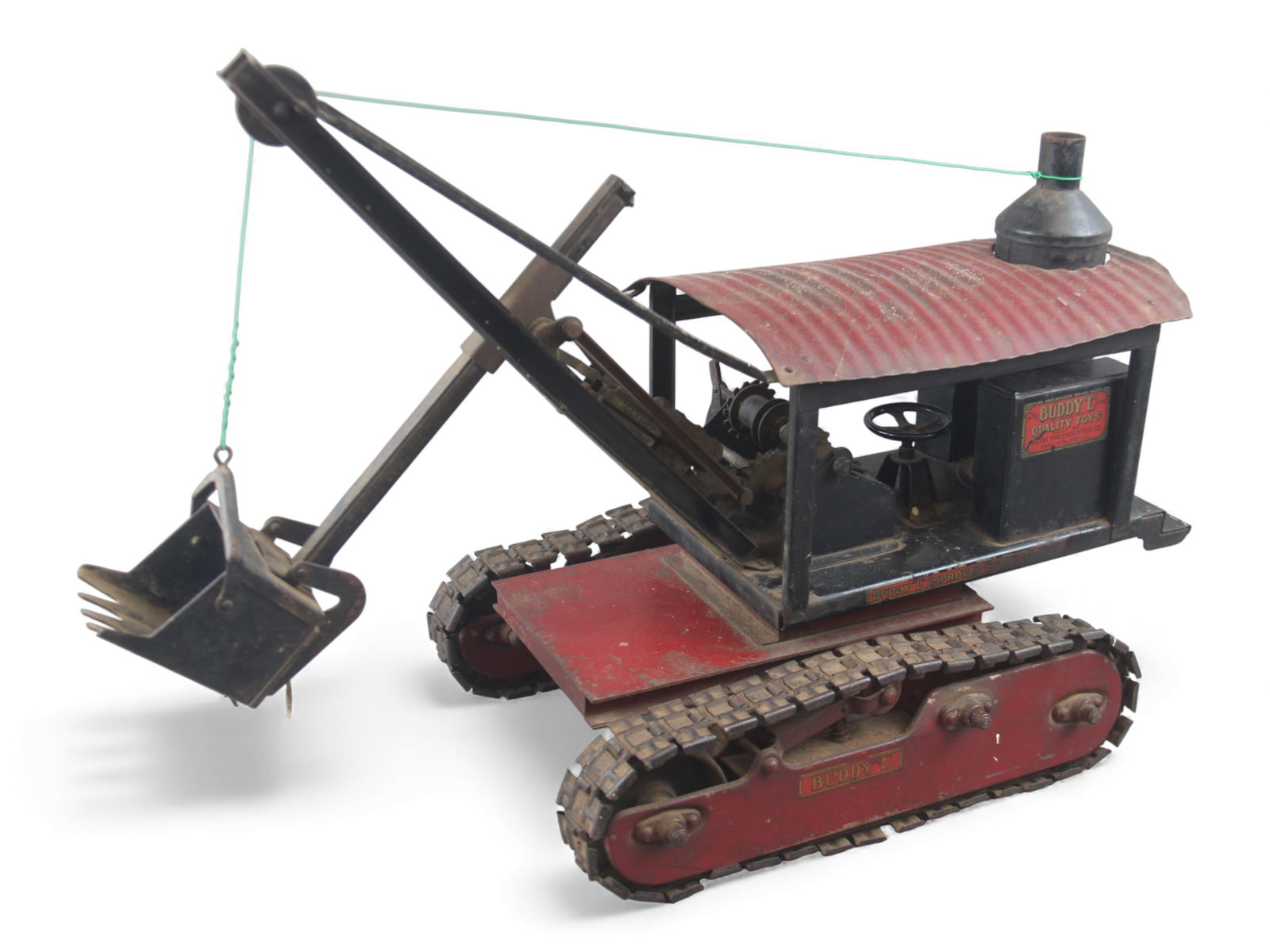 Rare, Buddy L 220AB Improved Steam Shovel: One of the most desirable Buddy L Toys. Early Buddy L 220AB Improved Steam Shovel, featuring pressed steel construction with original red and black paint, metal track treads, corrugated roof, and side