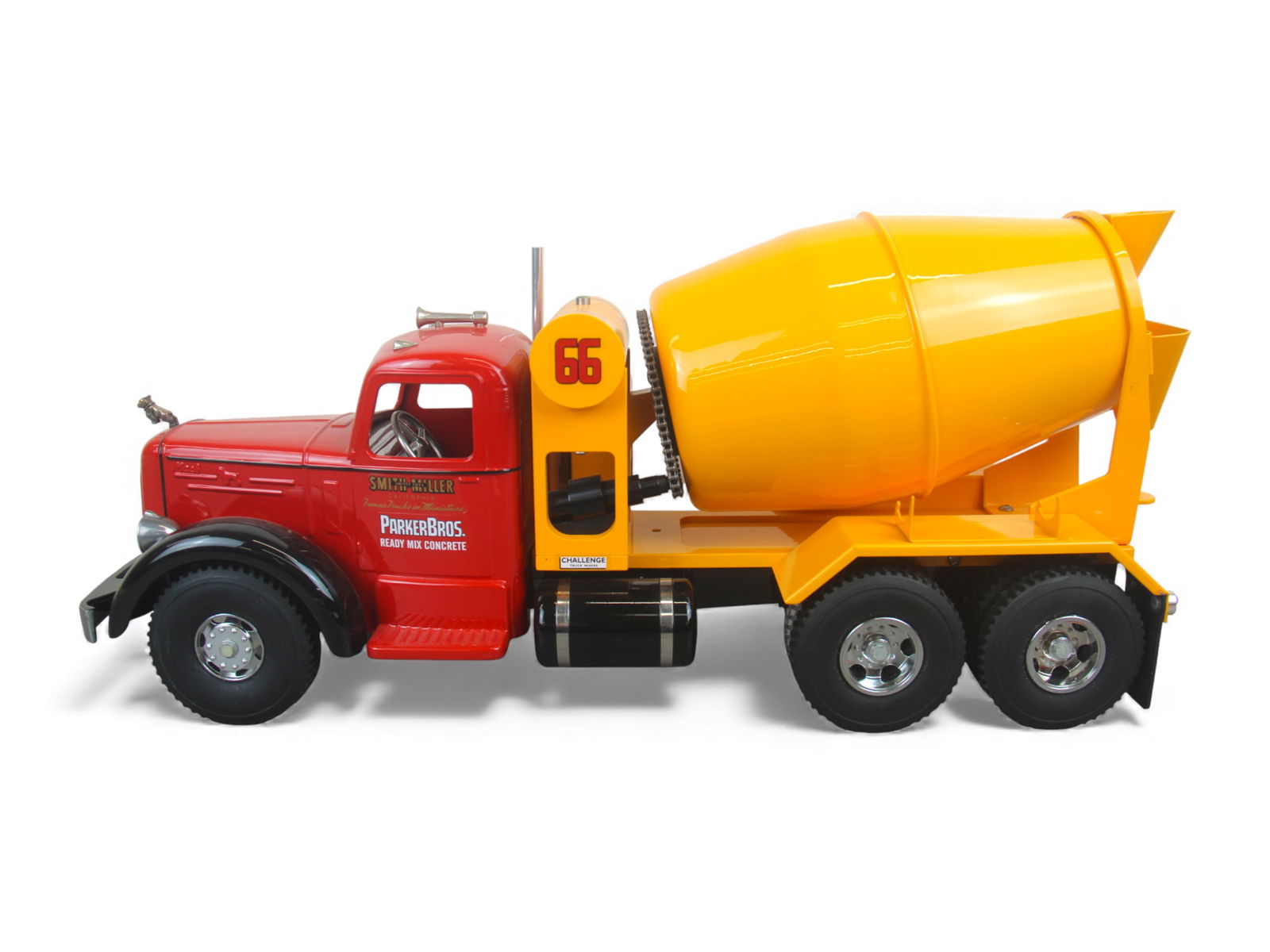 Smith Miller Parker Bros Ready Mix Cement Truck: Fred Thompson Smith Miller pressed steel "Parker Bros Ready Mix Concrete" Truck, featuring glossy red and yellow paint, detailed Mack-style cab, chrome exhaust stack, dual rear axles, and large
