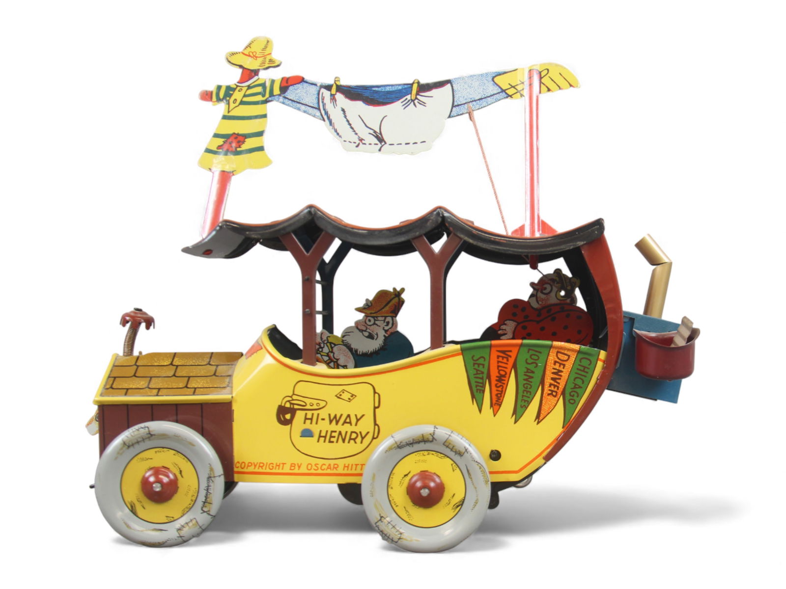 MTH Hi-Way Henry Wind-Up Toy: MTH tin lithographed "Hi-Way Henry" automobile wind-up toy. Clean reproduction of the scarce early original. Measures approx. 10" long x 9" high. Working condition when tested. From the Charles Atchis