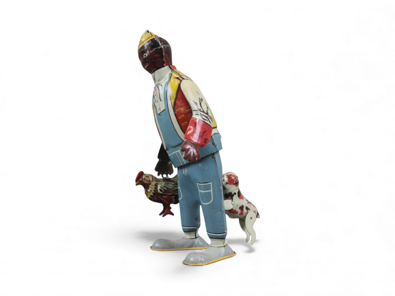 Marx Hey Hey Chicken Snatcher Toy: Marx tin lithographed "Hey Hey Chicken Snatcher" wind-up toy, circa 1930s. Complete with chicken and dog. Measures approx. 8?" tall. Wind-up mechanism works perfectly when tested. Excellent overall co