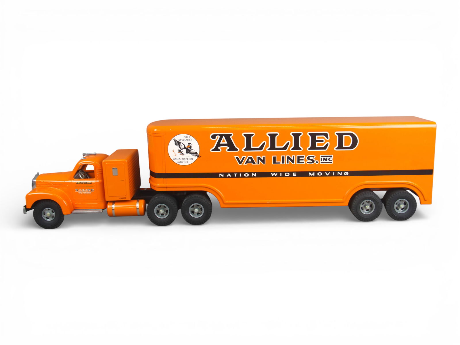 Smith Miller Mack Allied Van Lines Moving Truck: Fred Thompson Smith Miller pressed steel "Allied Van Lines Inc." tractor-trailer moving truck. An impressive later-era example. Decals are present, and overall truck is in high grade condition, with v
