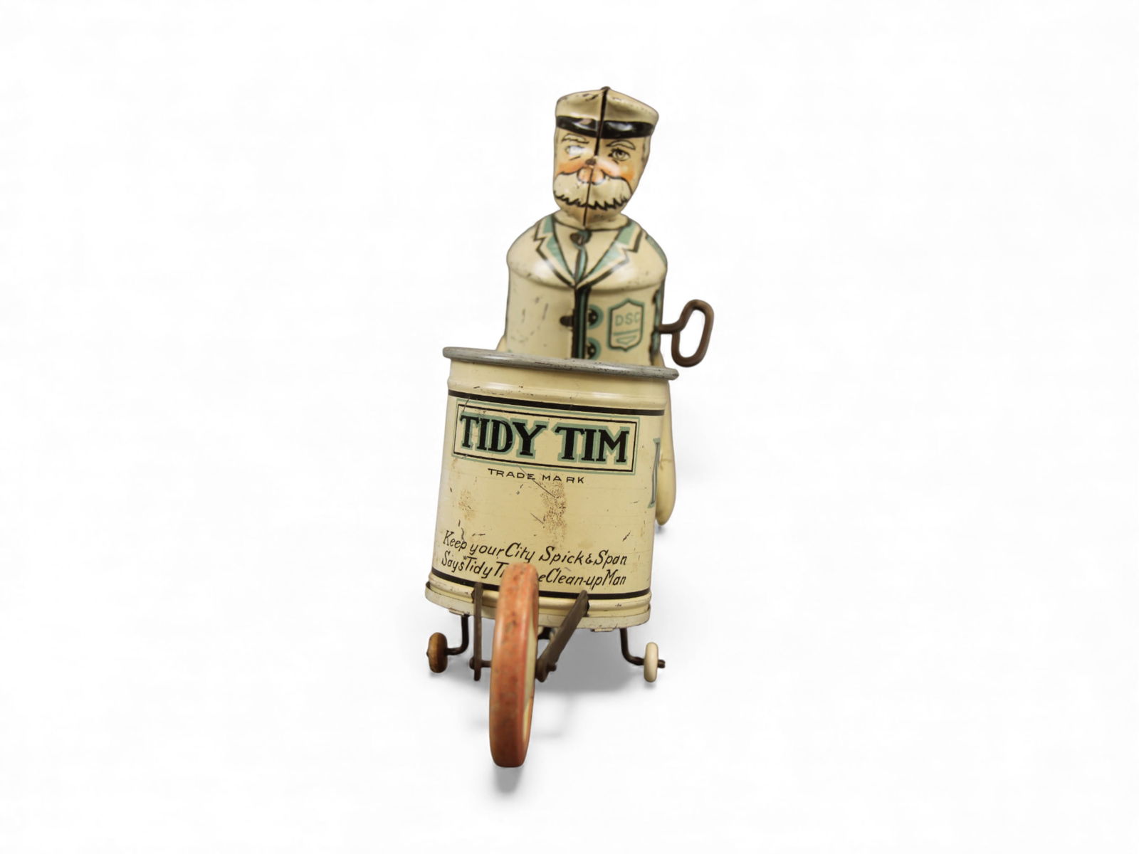 Marx Tidy Tim Wind-Up Toy: Marx tin lithographed "Tidy Tim" wind-up toy, circa 1930s. Stands approx. 8?" tall with distinctive orange front wheel. Working well when tested. From the Charles Atchison Collection. Shipping: Weiss