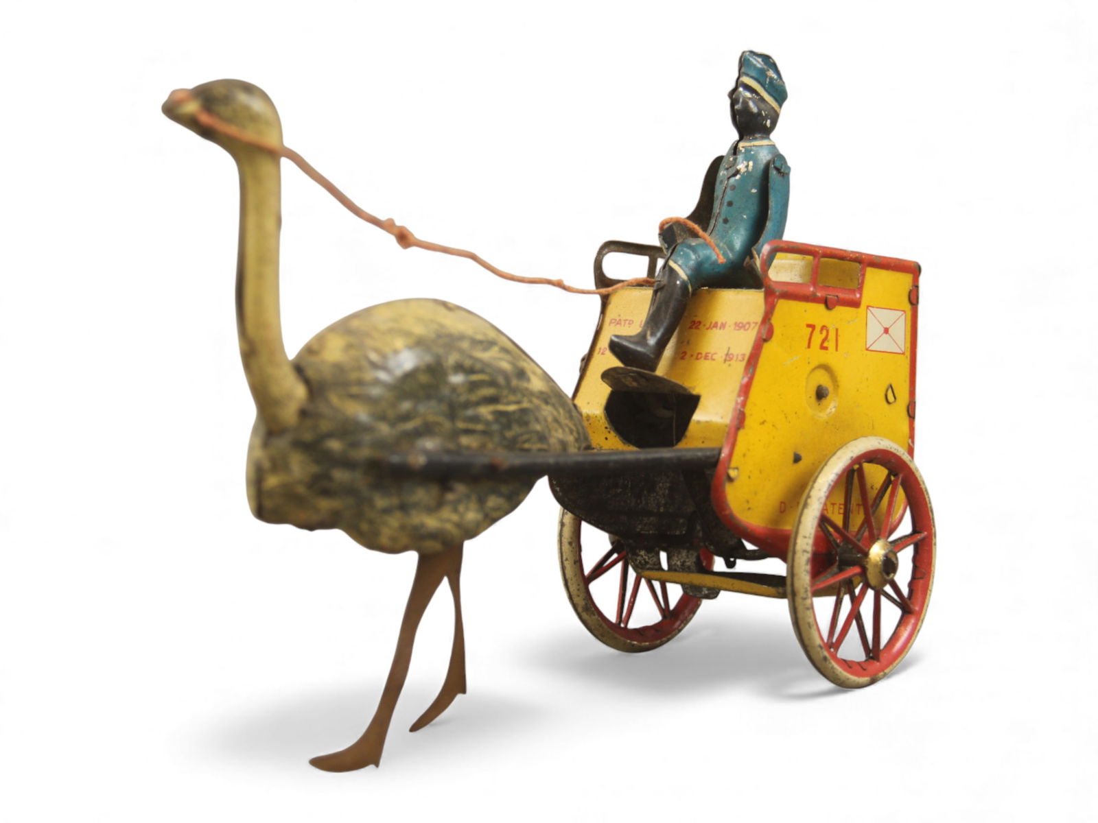 Lehmann Zulu Ostrich Mail Cart Toy: German Lehmann "Zulu Ostrich Mail Cart" tin lithographed toy, circa 1890s. Measures approx. 7" long x 5" high x 3" deep. All original and in working condition when tested. A nice early Lehmann