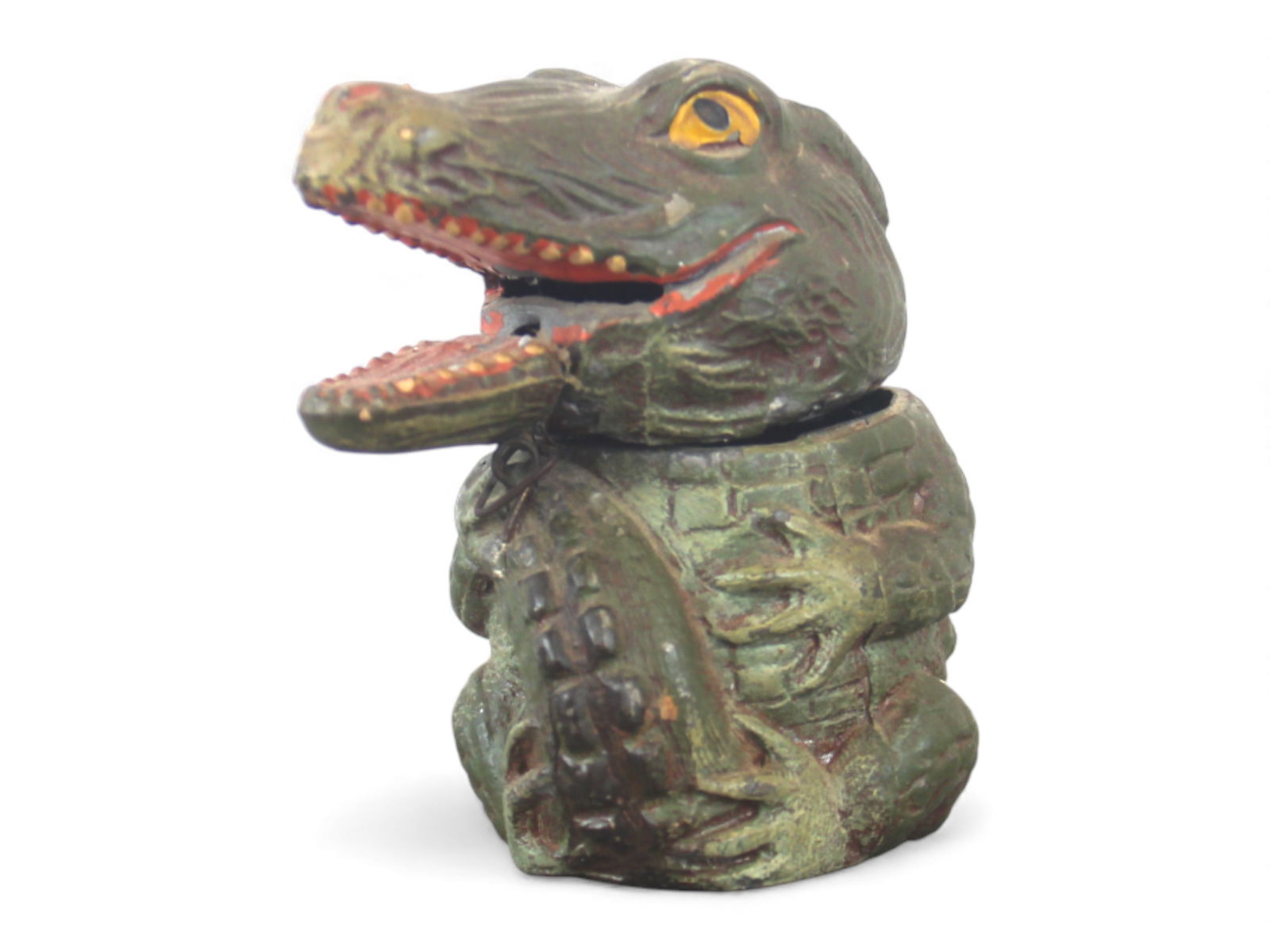 Alligator Spring Jawed Mechanical Bank: Rare Alligator spring jawed mechanical bank. Some paint loss. Missing lock. Approx. 3 1/2 inches tall, 2 3/4 inches wide. Shipping: Weiss Auctions offers full-service, in-house shipping for nearly