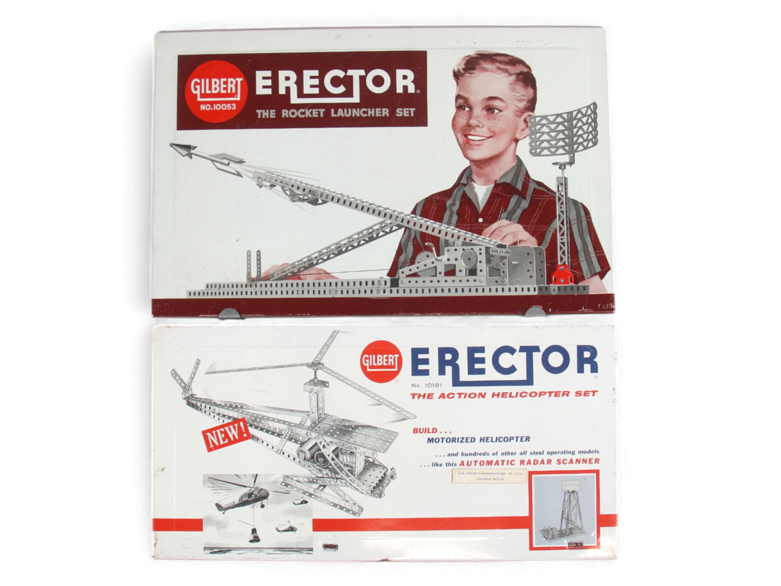 Boxed A.C. Gilbert #10181 and #10053 Erector Sets: Pair of vintage A.C. Gilbert Erector Sets including a No. 10181 "Action Helicopter Set" and a No. 10053 "Rocket Launcher Set," each housed in its original metal boxes. Interiors contain red, silver,
