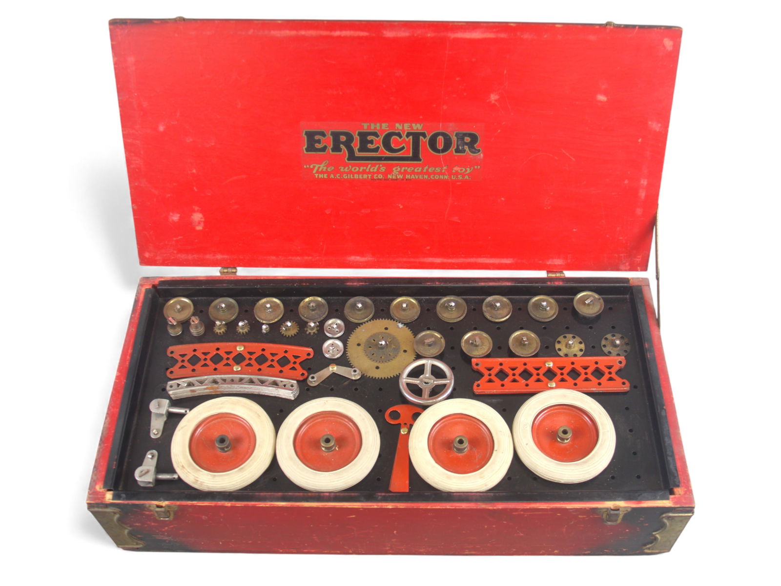 Boxed Gilbert Erector Set No. 7-1/2 White Truck: Vintage A.C. Gilbert Erector Set No. 7-1/2 White Truck Set, presented in its original red-painted wooden case with black stenciled lettering and brass hardware. Interior compartments contain the