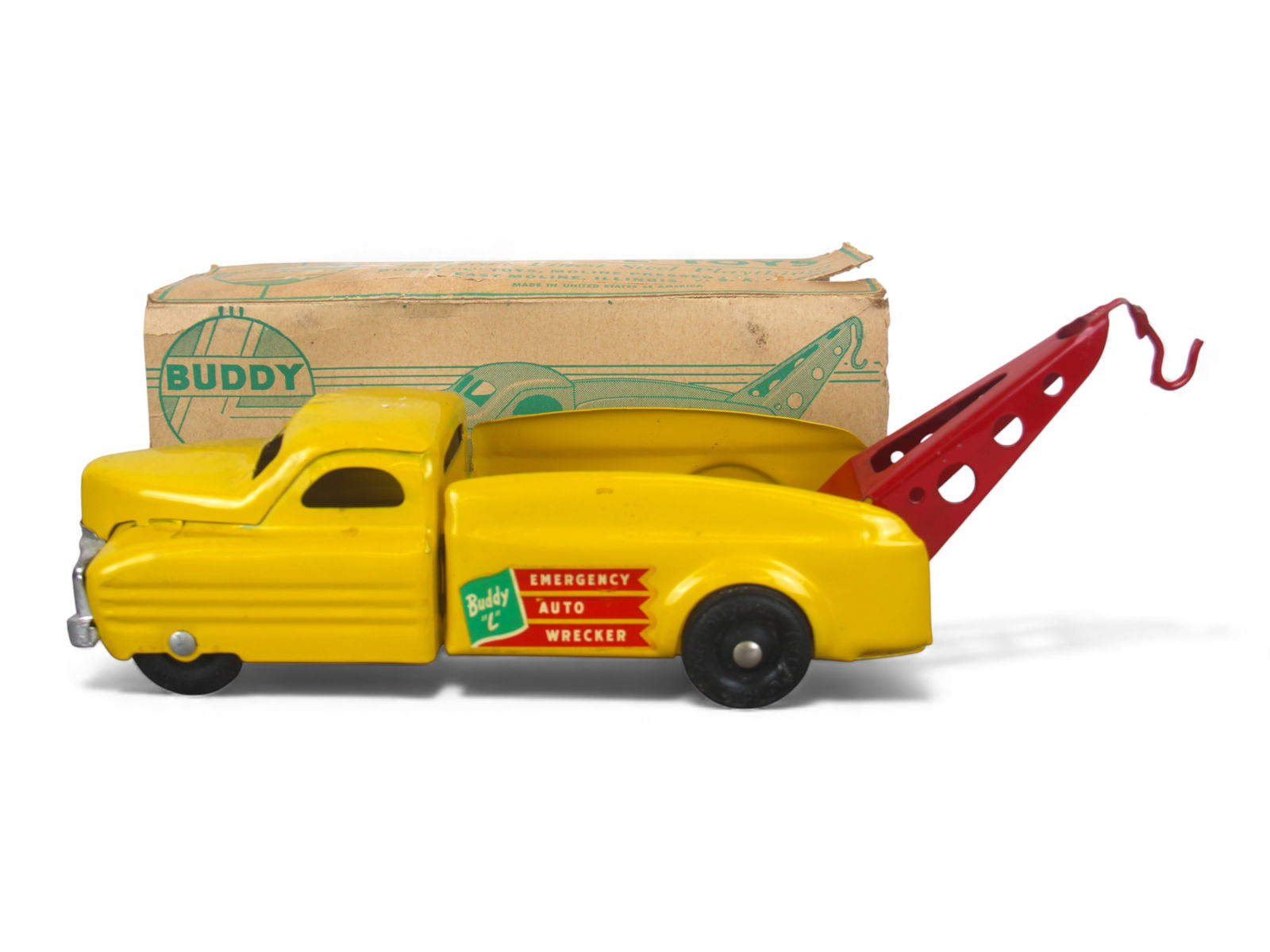 Boxed Buddy L 3317 Emergency Wrecker: 1948. Beautiful streamline wrecker, painted pressed steel, 15" long. It appears like new with box, having no flaps. Shipping: Weiss Auctions offers full-service, in-house shipping for nearly all