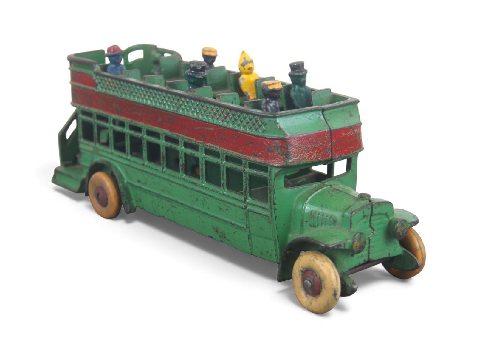 Large Hubley Double Decker Bus: Painted cast iron with WRT over wood hubs, (old Replacements). Has nice paint and includes 6 original passengers. Over-all shows light to moderate play wear. Nice! Shipping: Weiss Auctions offers full