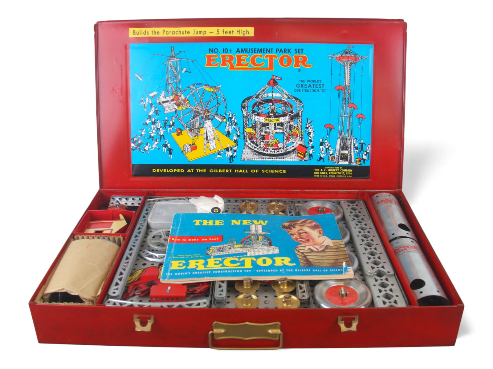 A.C. Gilbert Erector No.10-1/2 Amusement Park Set: Vintage A.C. Gilbert Erector No. 10-1/2 "Amusement Park Set," circa 1956, designed to build the Merry-Go-Round model, Parachute Jump Ride, Power Plant, and other motorized amusement park attractions.
