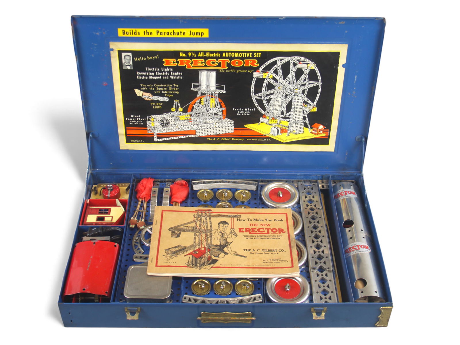 Boxed Gilbert Erector No. 9-1/2 "Automotive Set: Vintage A.C. Gilbert Erector No. 9-1/2 "All-Electric Automotive Set," circa 1940, housed in its original blue-painted metal case with colorful interior lid decal. Designed to build the Ferris Wheel,